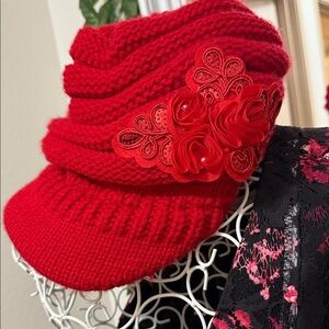 Red Knit Hat with Floral Accent